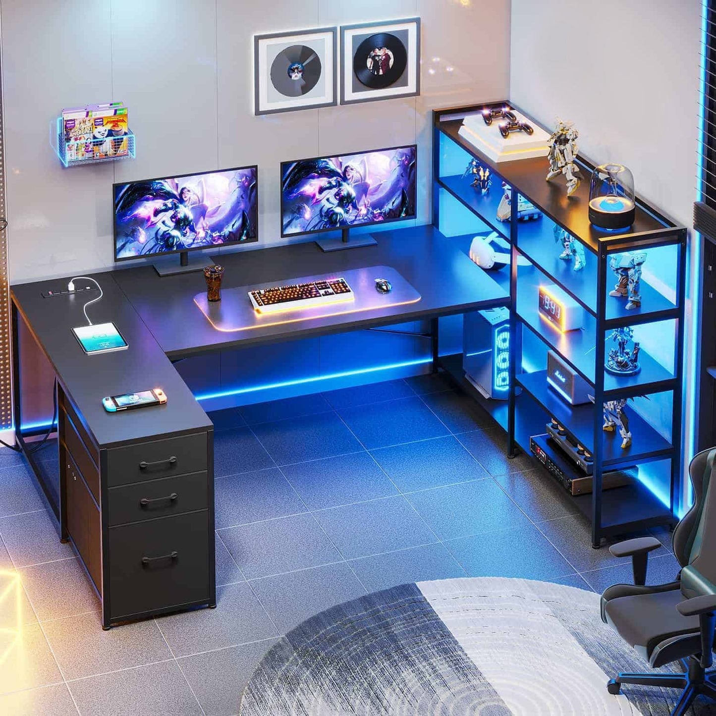 64.5 Inches Reversible U Shaped LED Gaming Desk Black