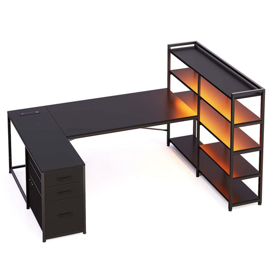 64.5 Inches Reversible U Shaped LED Gaming Desk Black