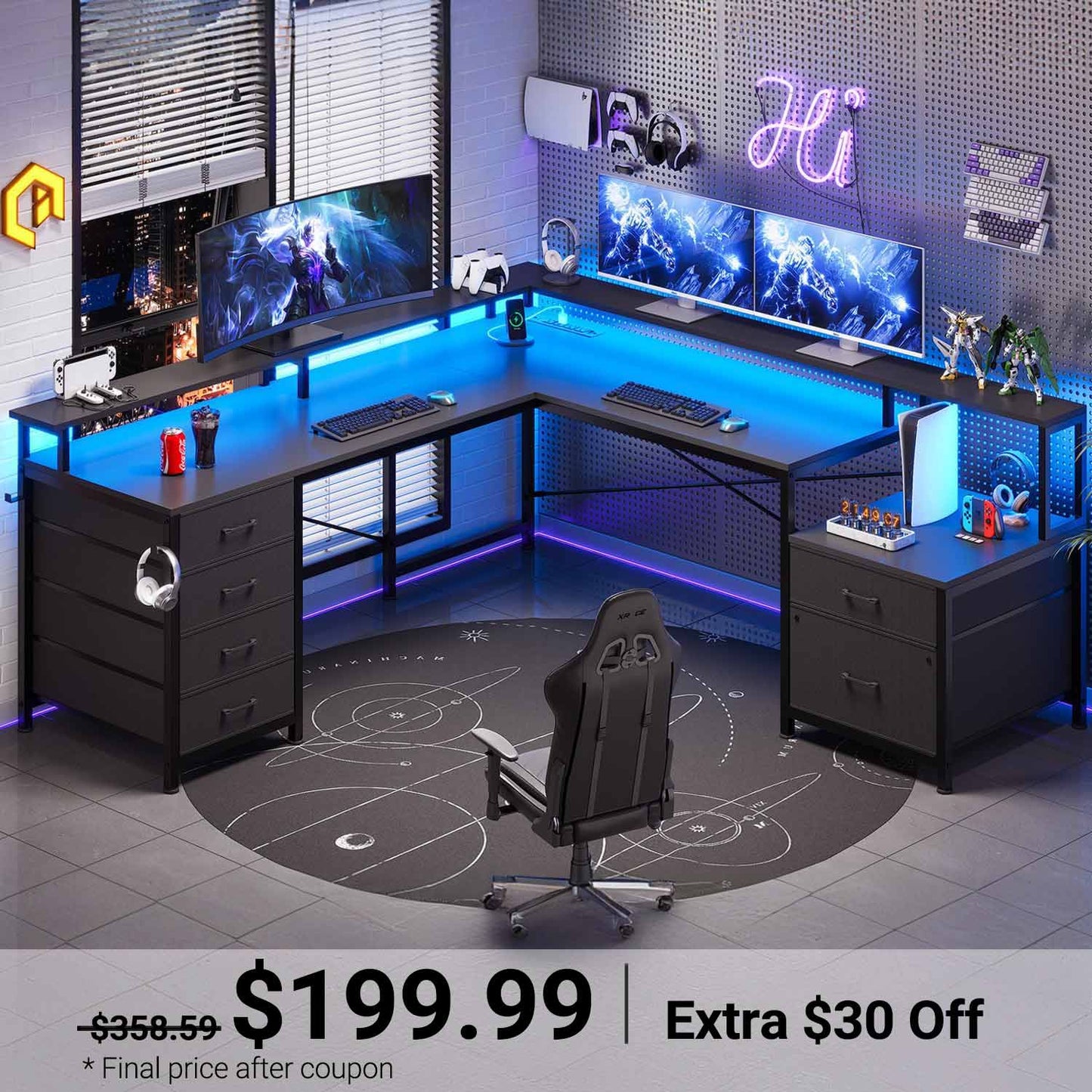 108 Inches  LED 2 Person Gaming Desk Black