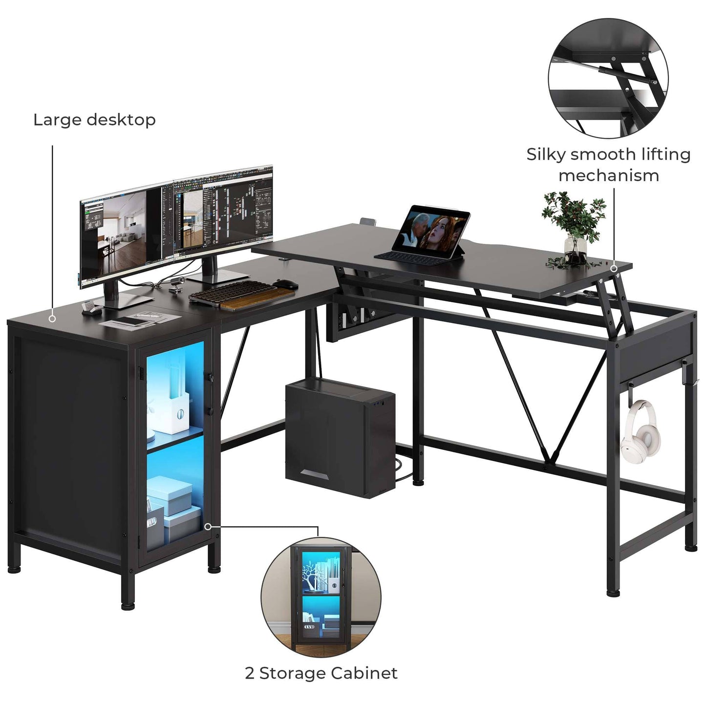 50.4 Inches Reversible LED Gaming Desk Black
