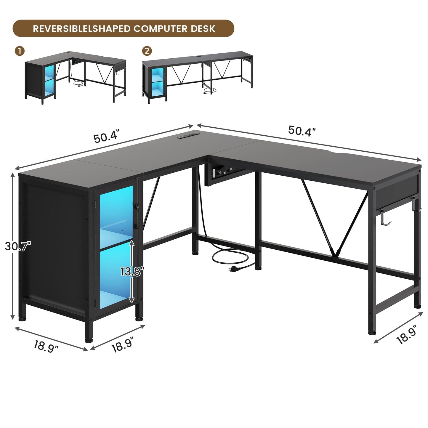 50.4 Inches Reversible LED Gaming Desk Black