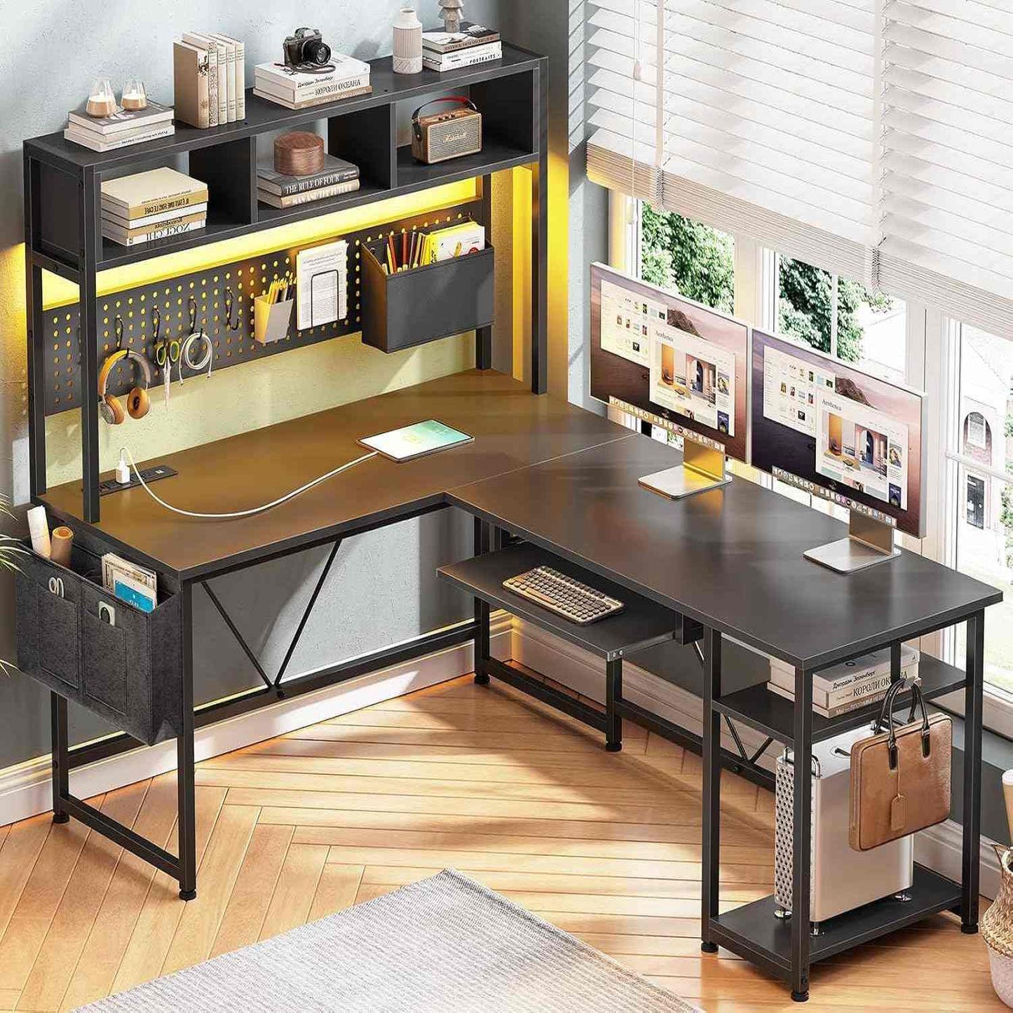 57.5 Inches Reversible L Shaped LED Gaming Desk with Power Outlet Black