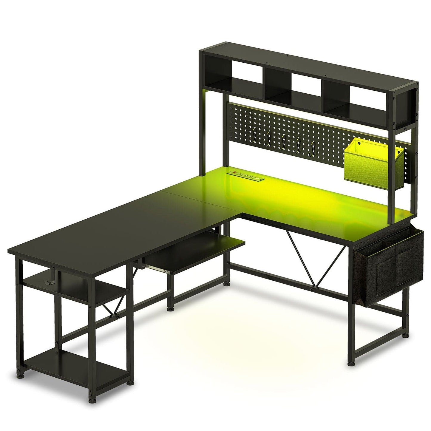 57.5 Inches Reversible L Shaped LED Gaming Desk with Power Outlet Black
