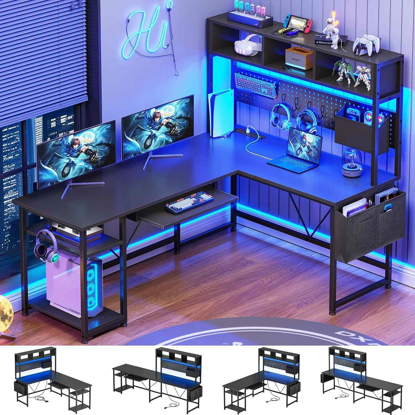 57.5 Inches Reversible L Shaped LED Gaming Desk with Power Outlet Black