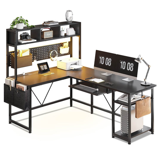 57.5 Inches Reversible L Shaped LED Gaming Desk with Power Outlet Black