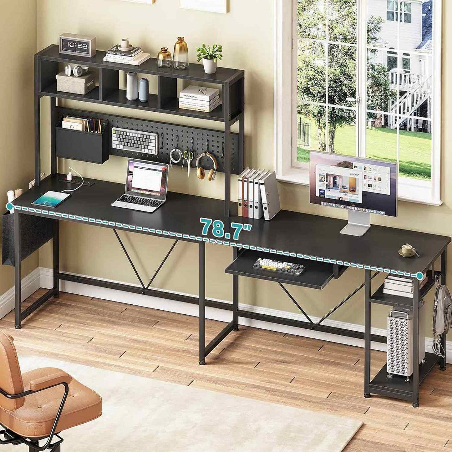 57.5 Inches Reversible L Shaped LED Gaming Desk with Power Outlet Black