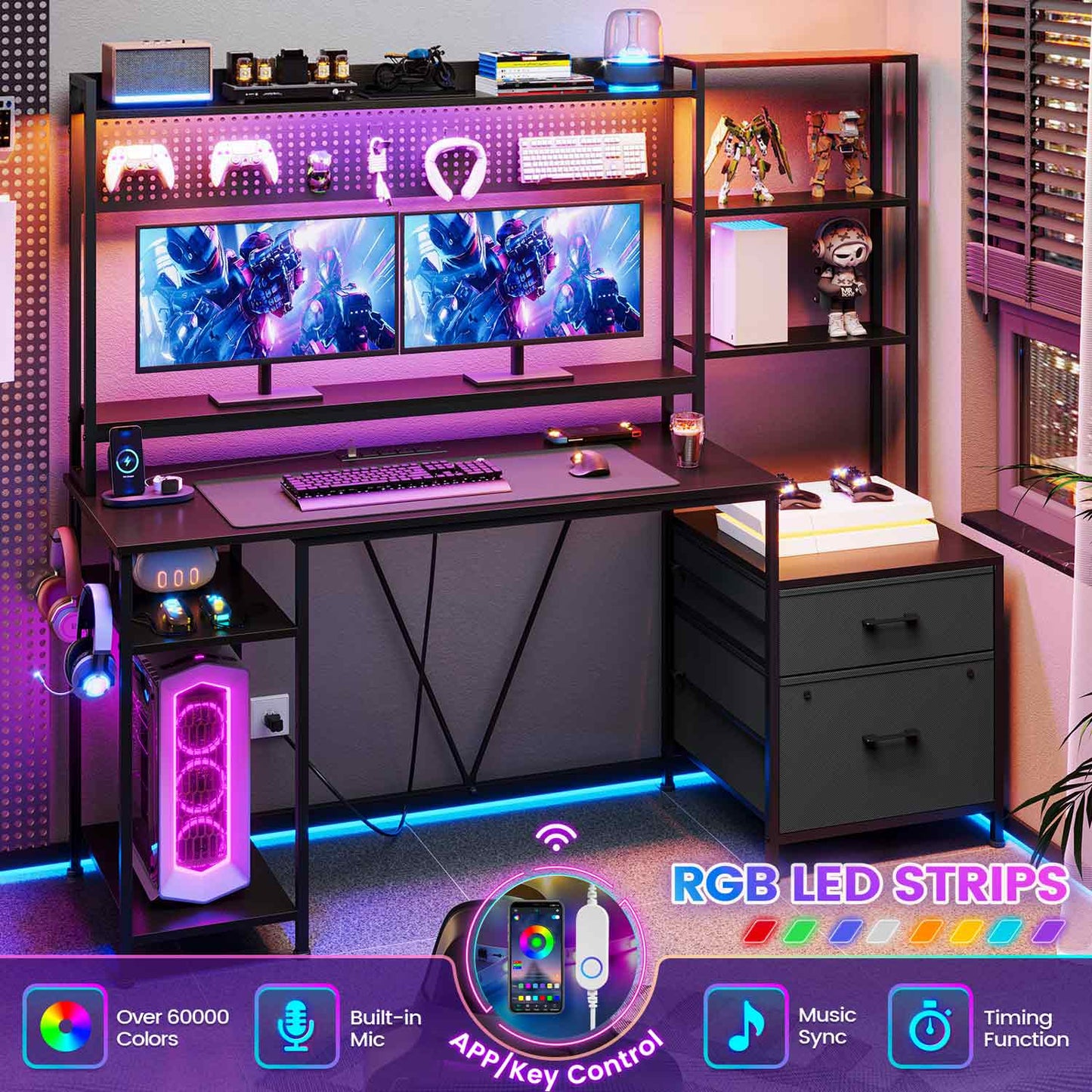 65 Inches Reversible LED Gaming Desk Black
