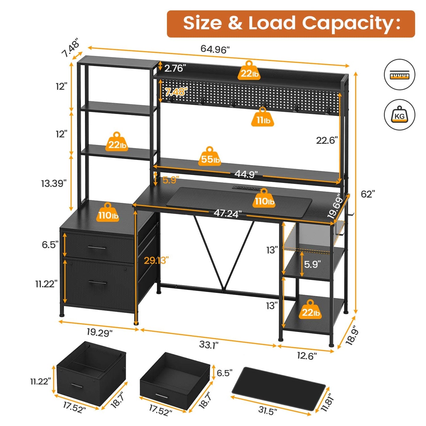 65 Inches Reversible LED Gaming Desk Black