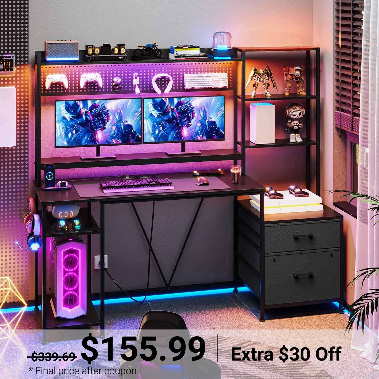 65 Inches Reversible LED Gaming Desk Black