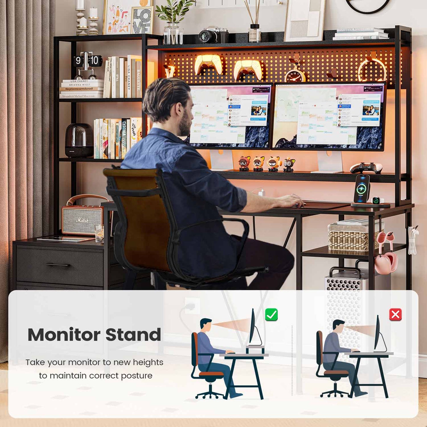 65 Inches Reversible LED Gaming Desk Black