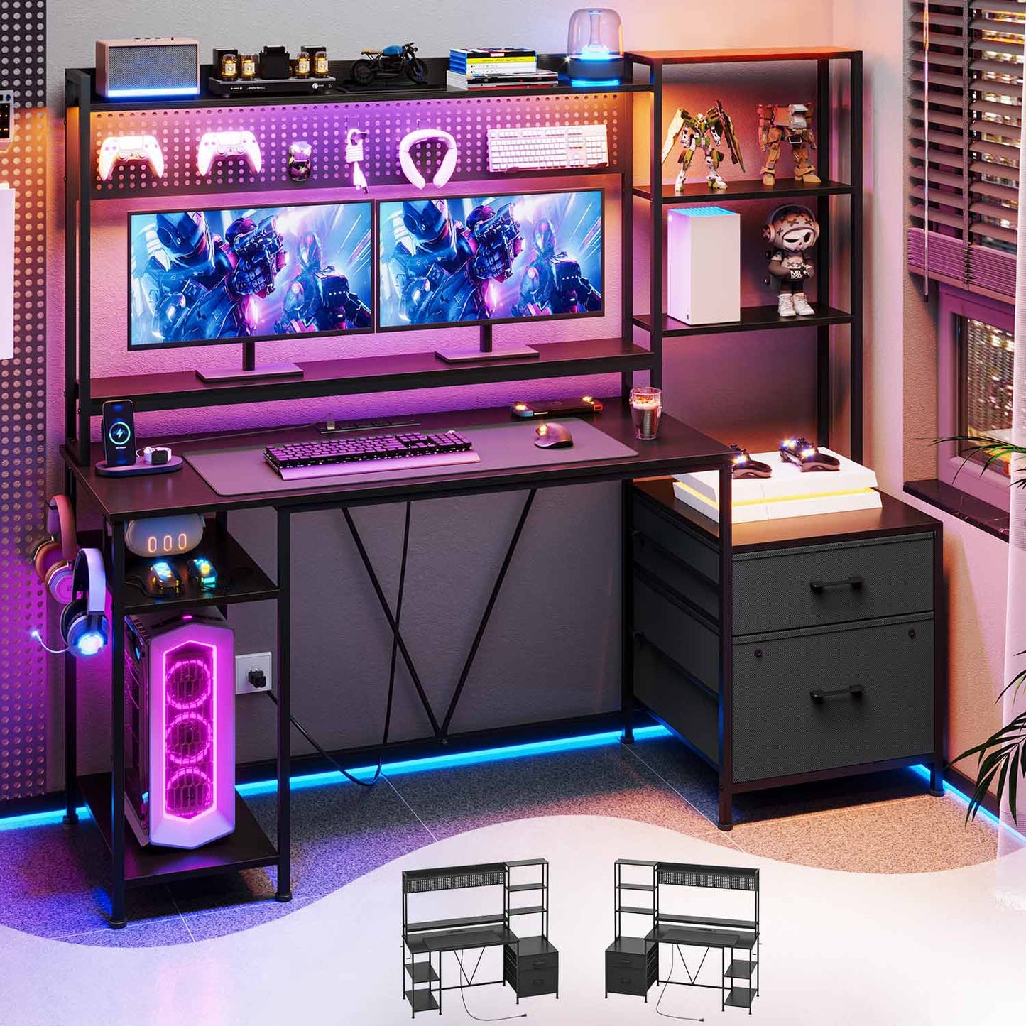 65 Inches Reversible LED Gaming Desk Black