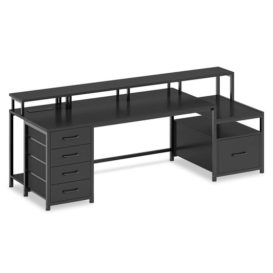 75 Inches Led Gaming Desk with Power Outlet and Monitor Shelf Black