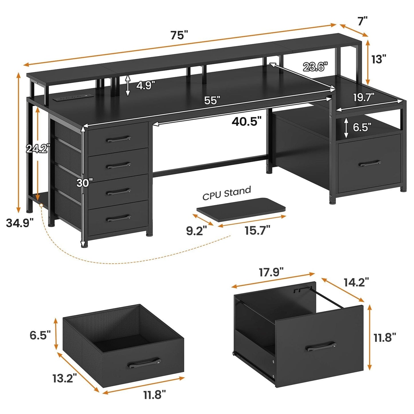 75 Inches Led Gaming Desk with Power Outlet and Monitor Shelf Black