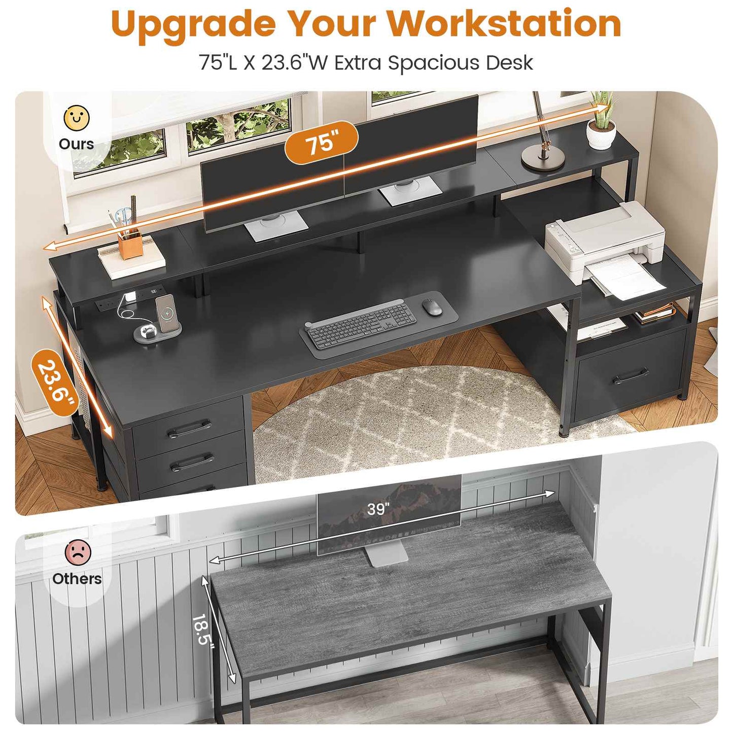 75 Inches Led Gaming Desk with Power Outlet and Monitor Shelf Black