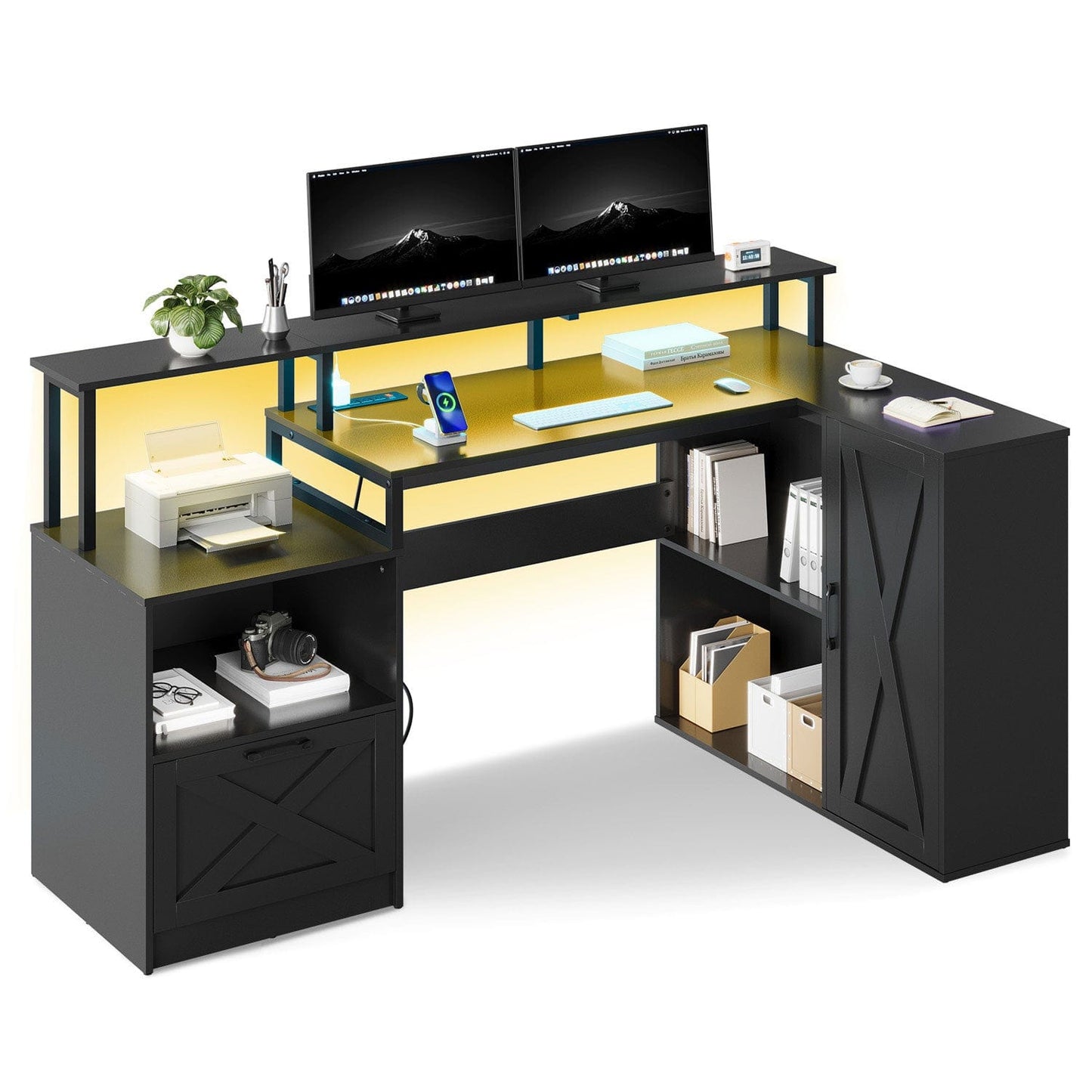 35.6 Inches L Shaped LED Gaming Desk Black
