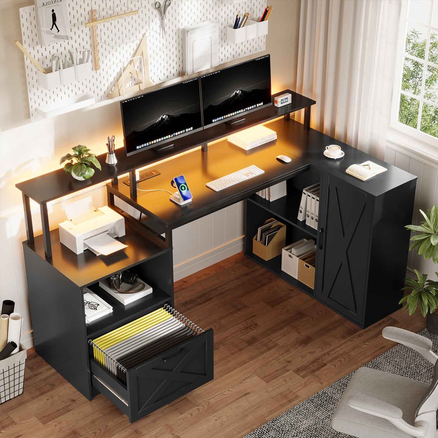 35.6 Inches L Shaped LED Gaming Desk Black