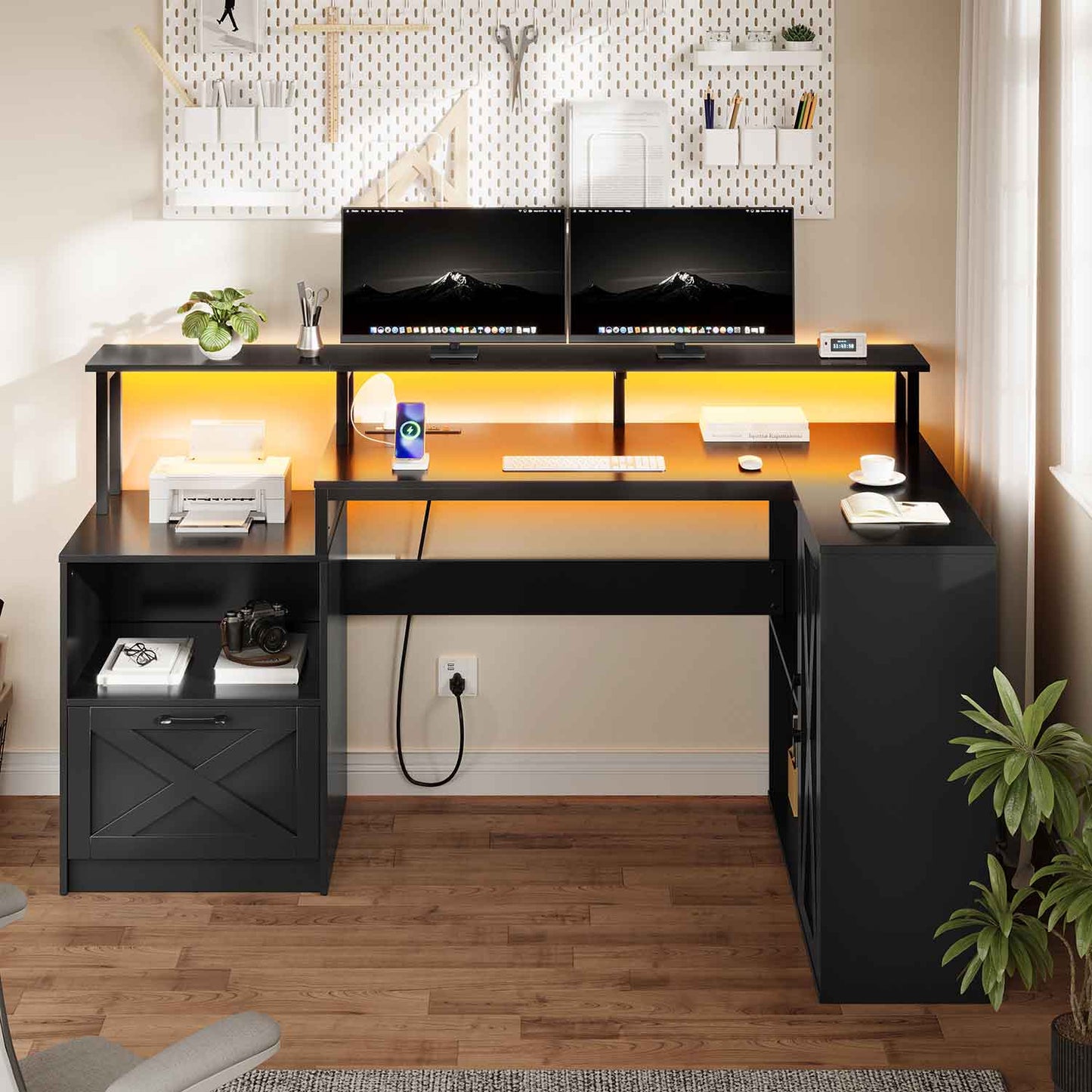 35.6 Inches L Shaped LED Gaming Desk Black