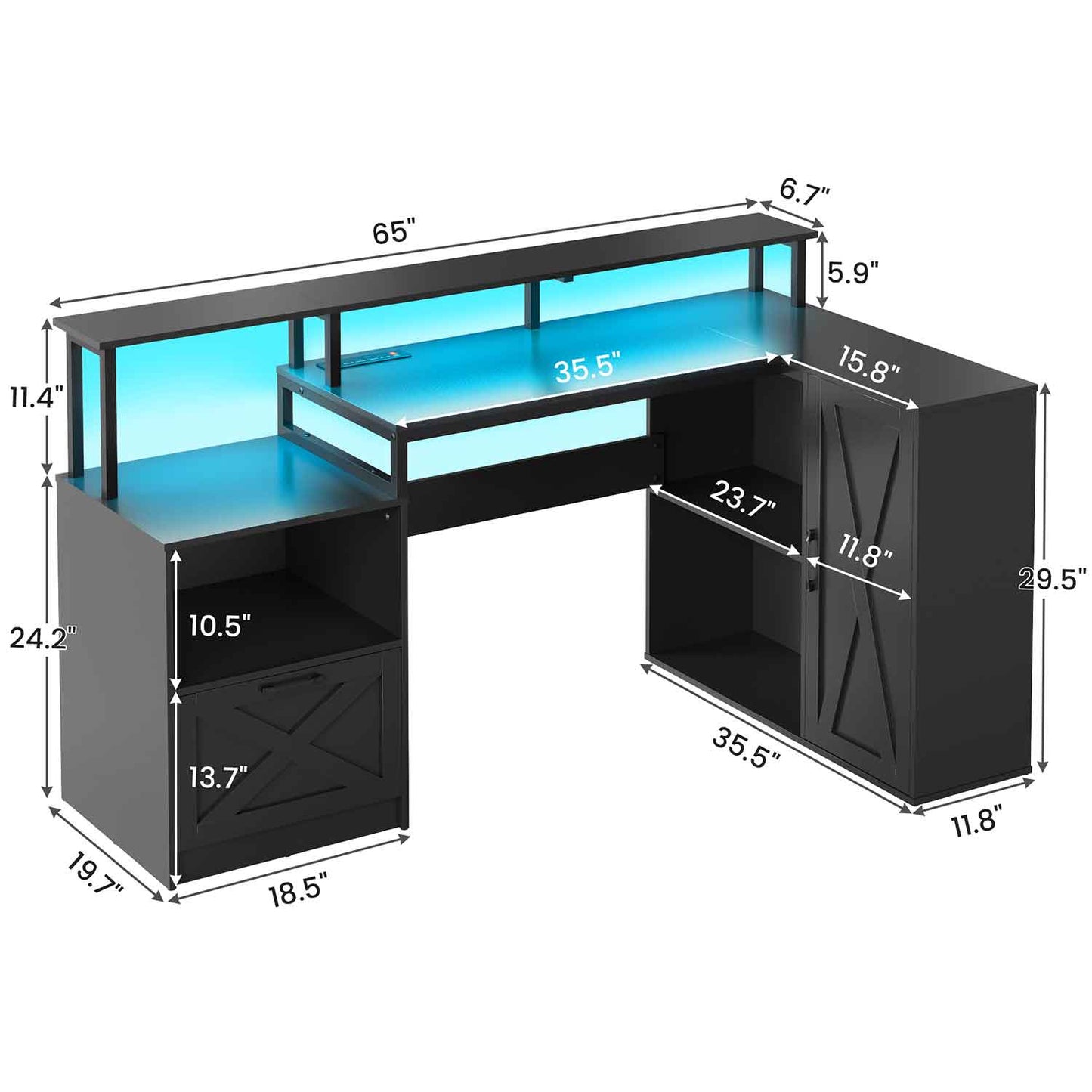 35.6 Inches L Shaped LED Gaming Desk Black