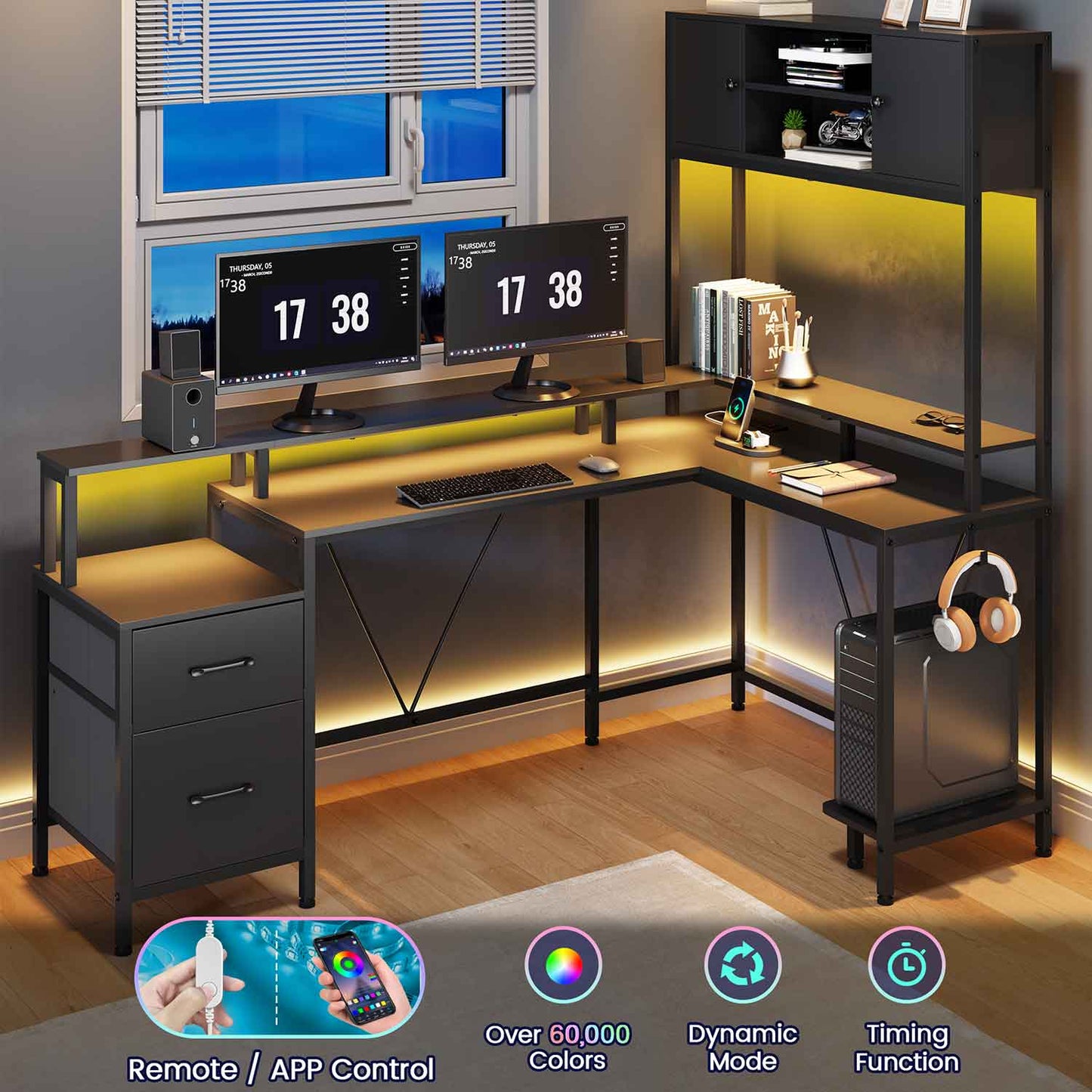 Reversible L-Shaped Led Gaming Desk Black