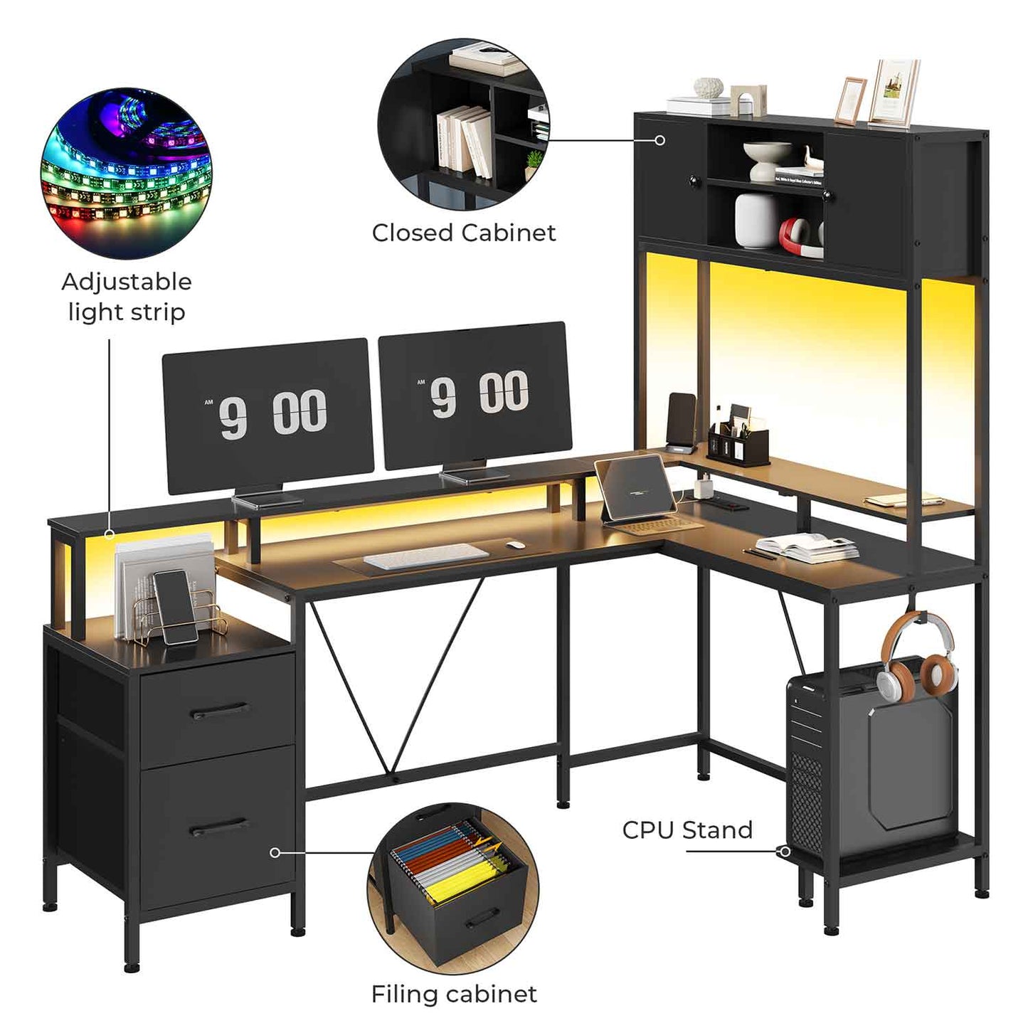 Reversible L-Shaped Led Gaming Desk Black
