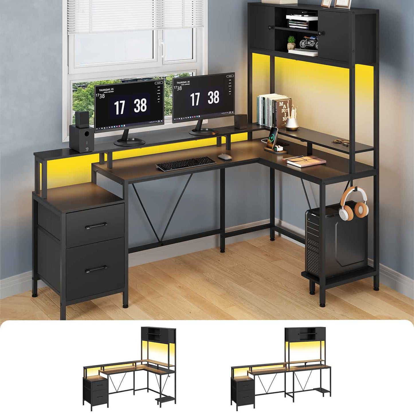 Reversible L-Shaped Led Gaming Desk Black