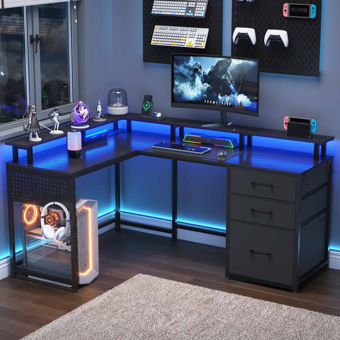 63.8 Inches L Shaped Reversible Corner LED Gaming Desk Black