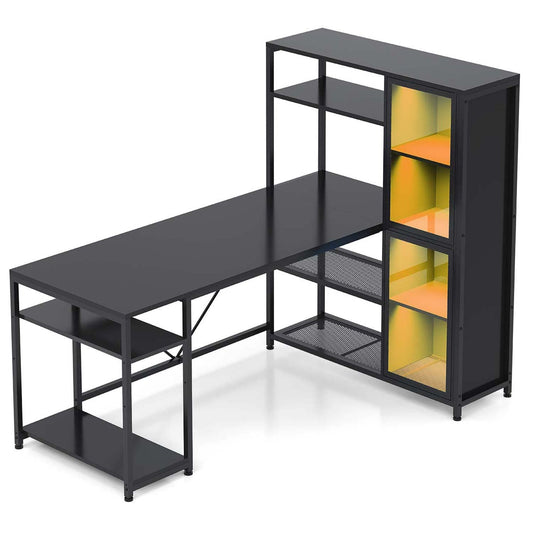 59 Inches LED L Shaped Gaming Desk with Storage Shelves Black