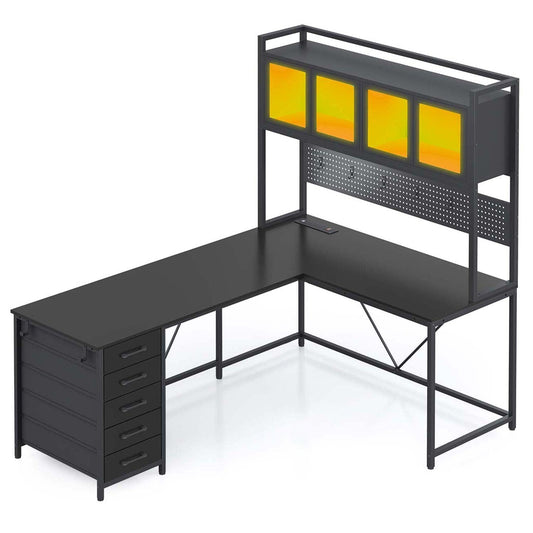 62 Inches LED Reversible L Shaped Gaming Desk Black