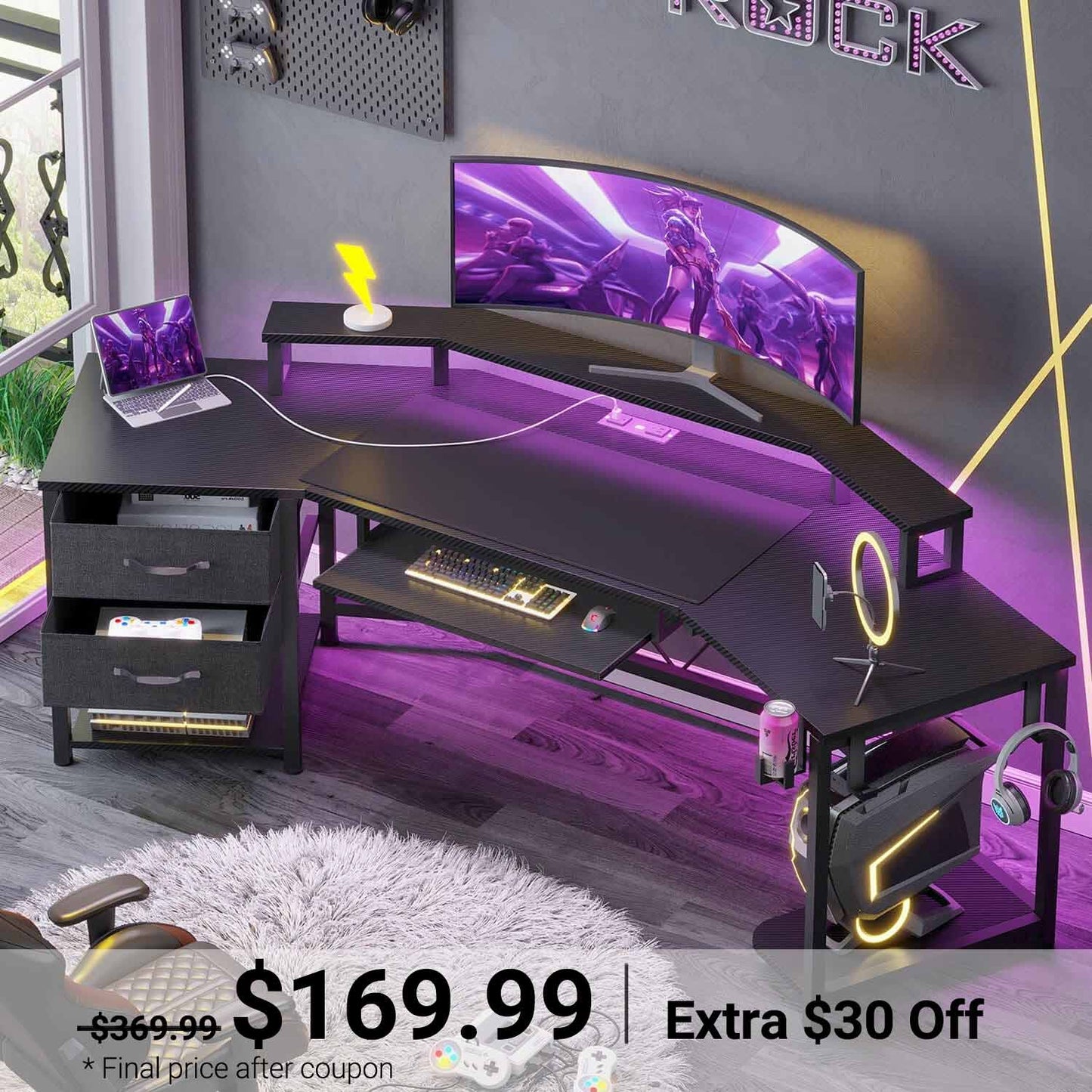 79 Inches Wing Shaped LED Gaming Desk with 2 Drawers Black