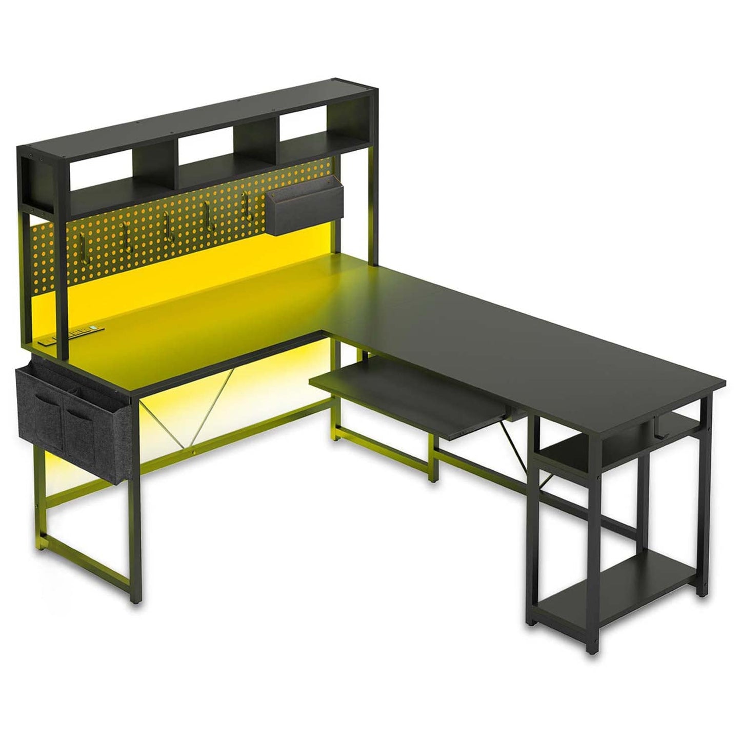 L Shaped Reversible LED Gaming Desk with Power Outlets Black