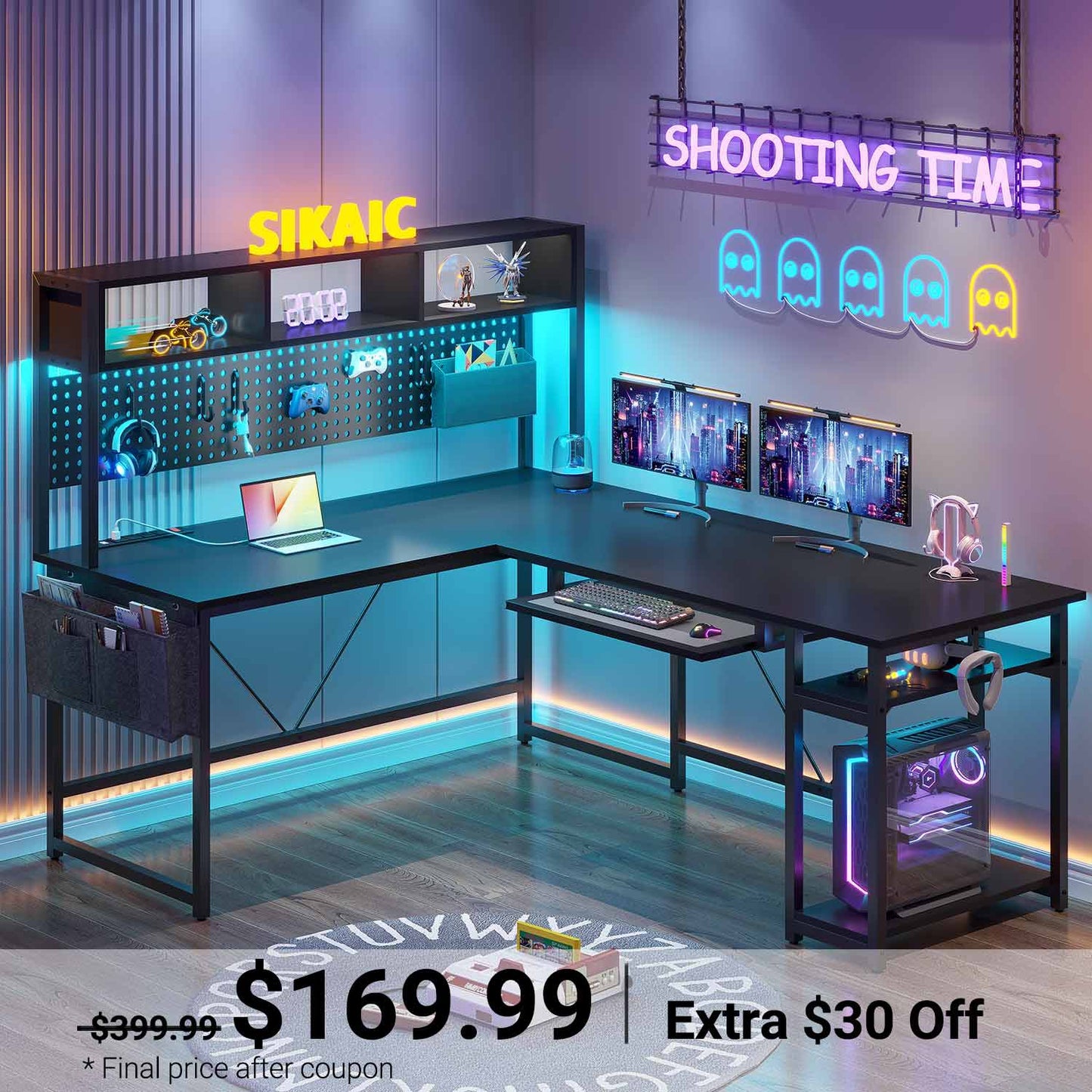 L Shaped Reversible LED Gaming Desk with Power Outlets Black
