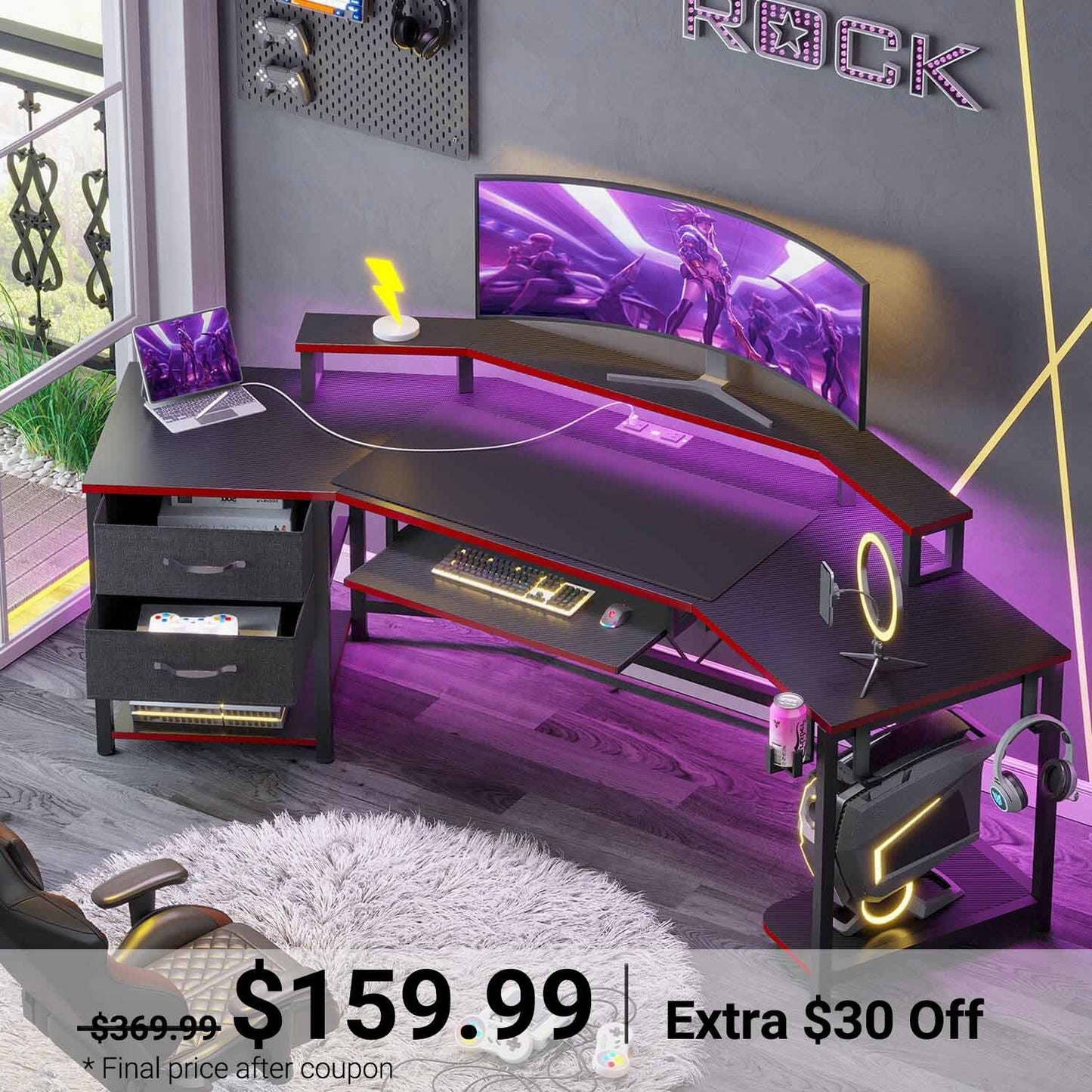 79 Inches Wing Shaped Gaming Desk with 2 Drawers Black Red