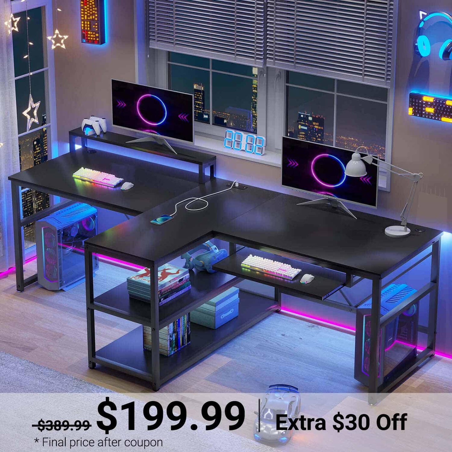 94.5 Inches T Shaped 2 Person Gaming Desk with Storage Black