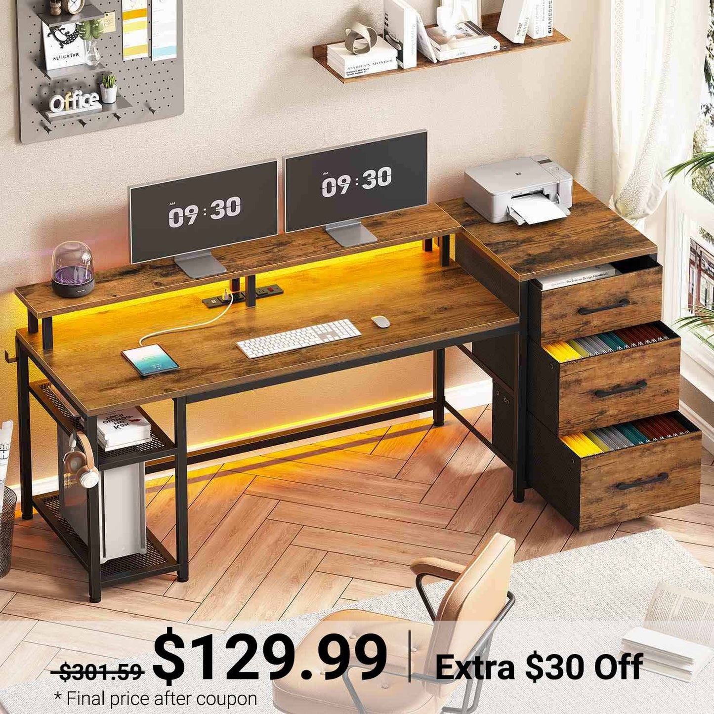 59 Inches Reversible LED Gaming Desk with File Drawers Brown