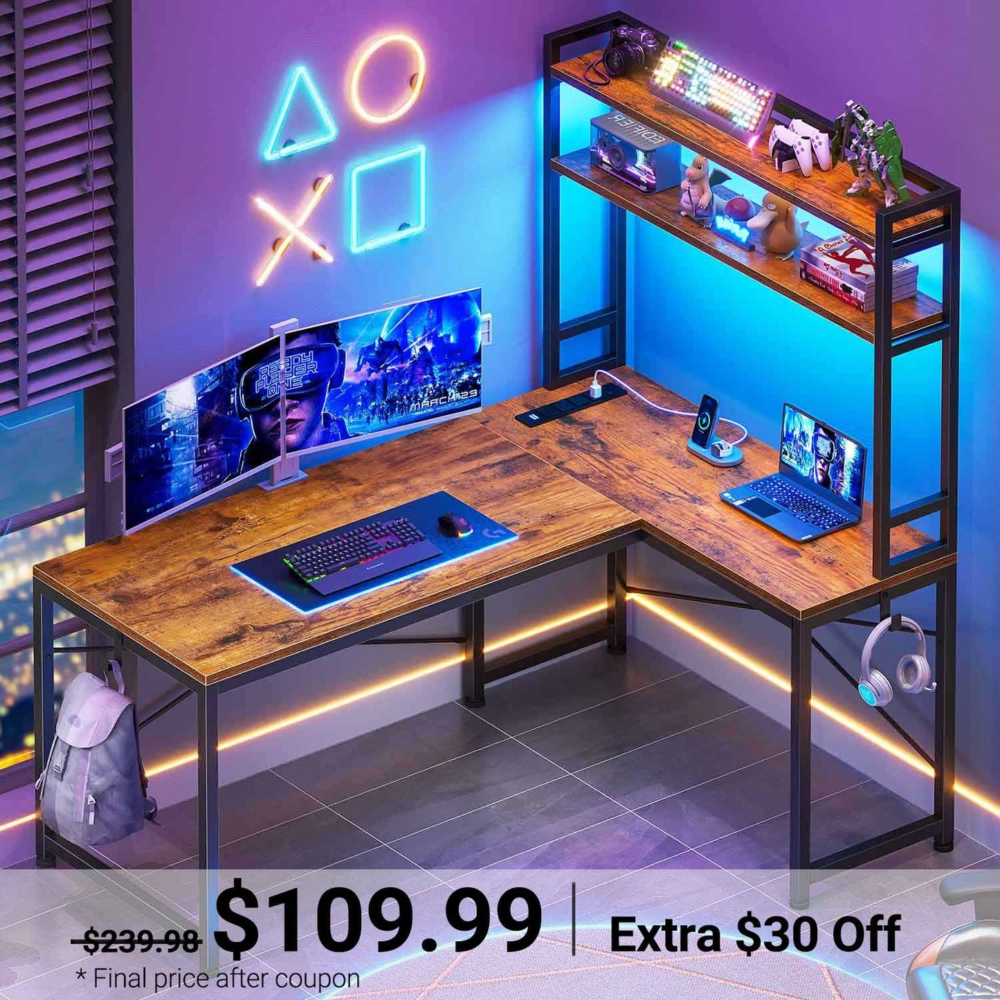 45.3 Inches LED Reversible Gaming Desk Brown