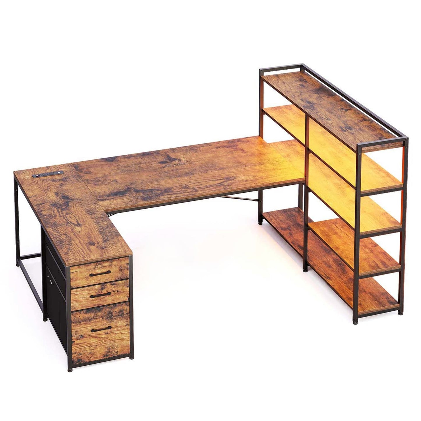 64.5 Inches Reversible U Shaped LED Gaming Desk Brown