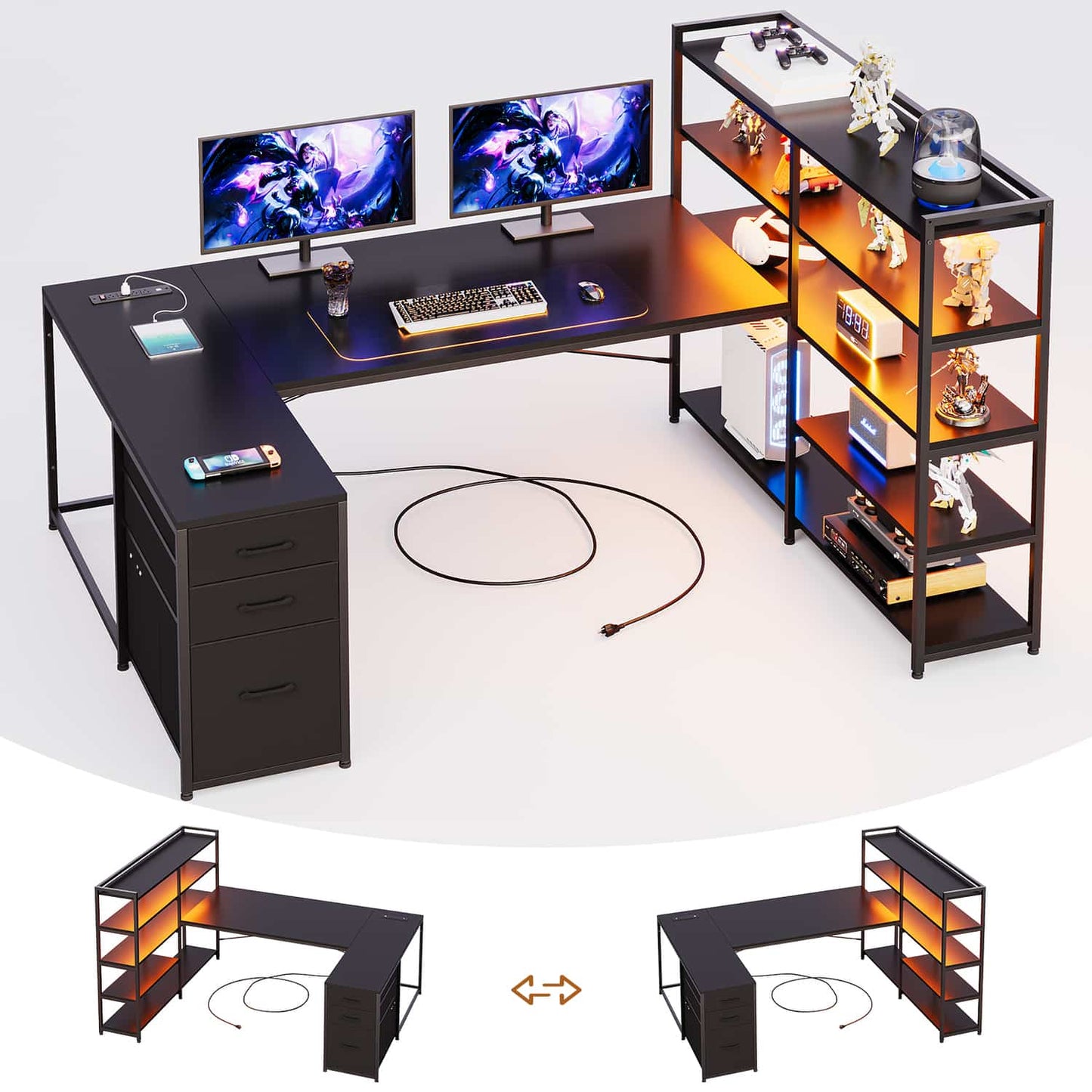 64.5 Inches Reversible U Shaped LED Gaming Desk Black