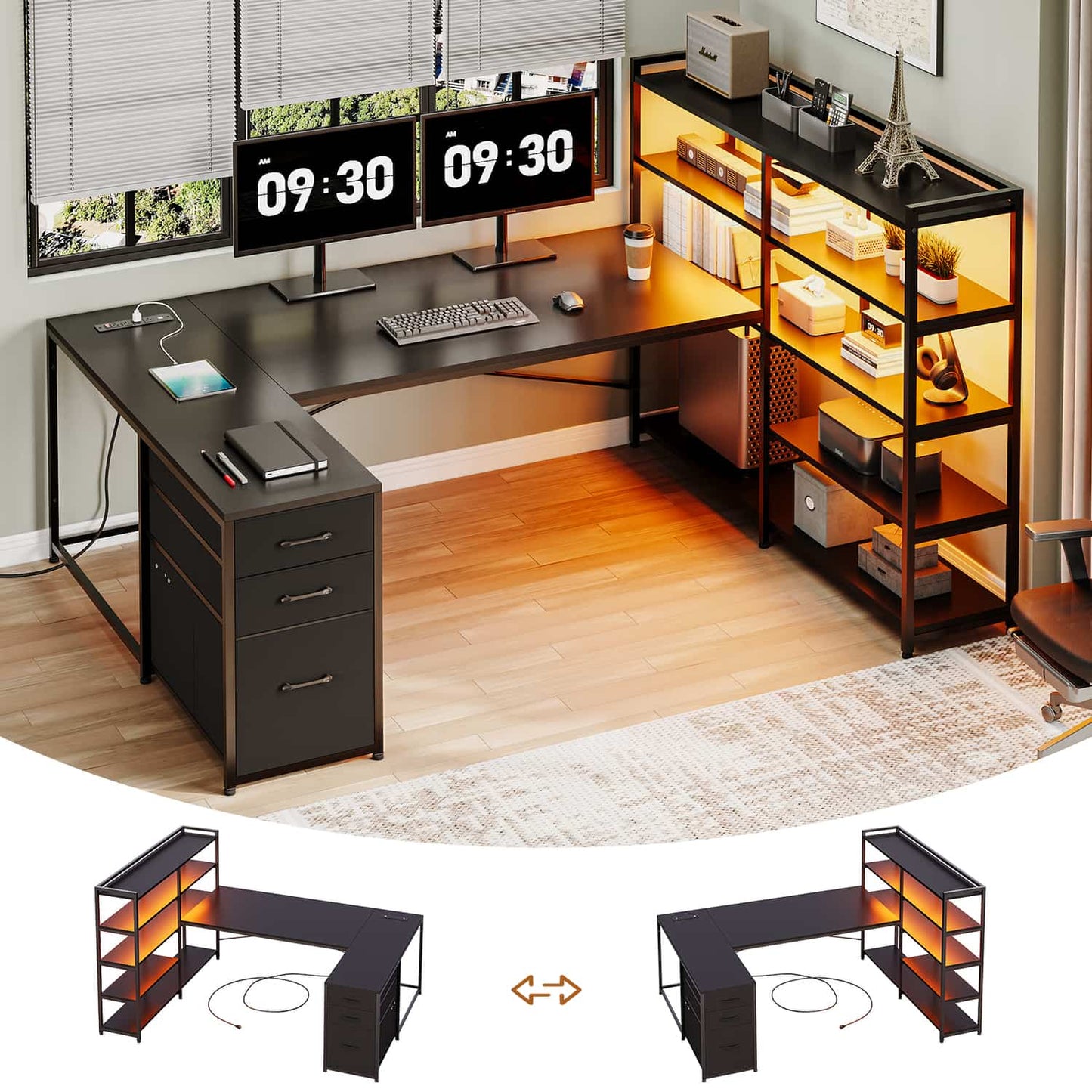 64.5 Inches Reversible U Shaped LED Gaming Desk Black