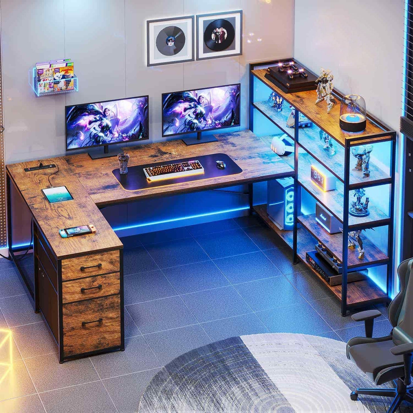 64.5 Inches Reversible U Shaped LED Gaming Desk Brown