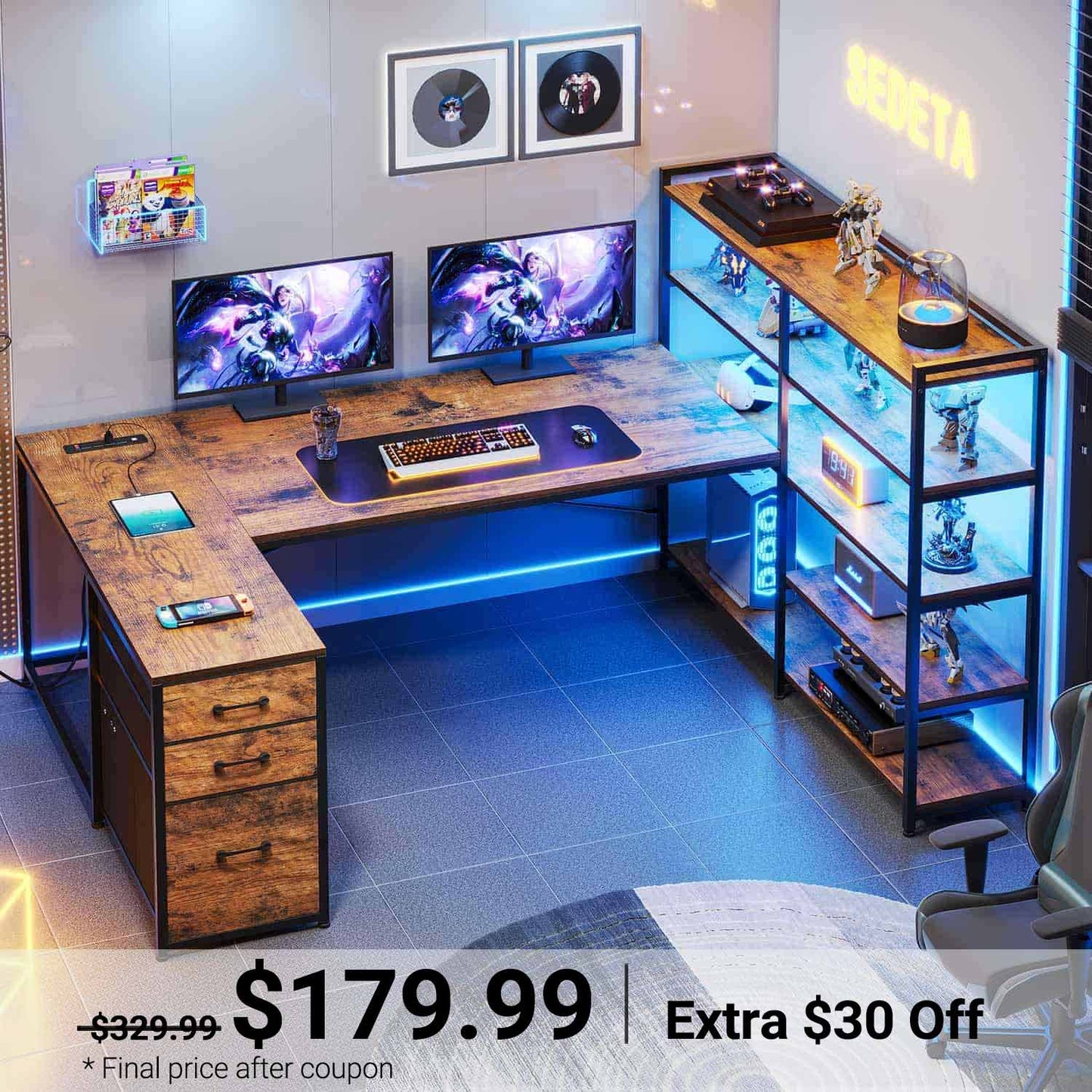 64.5 Inches Reversible U Shaped LED Gaming Desk Brown