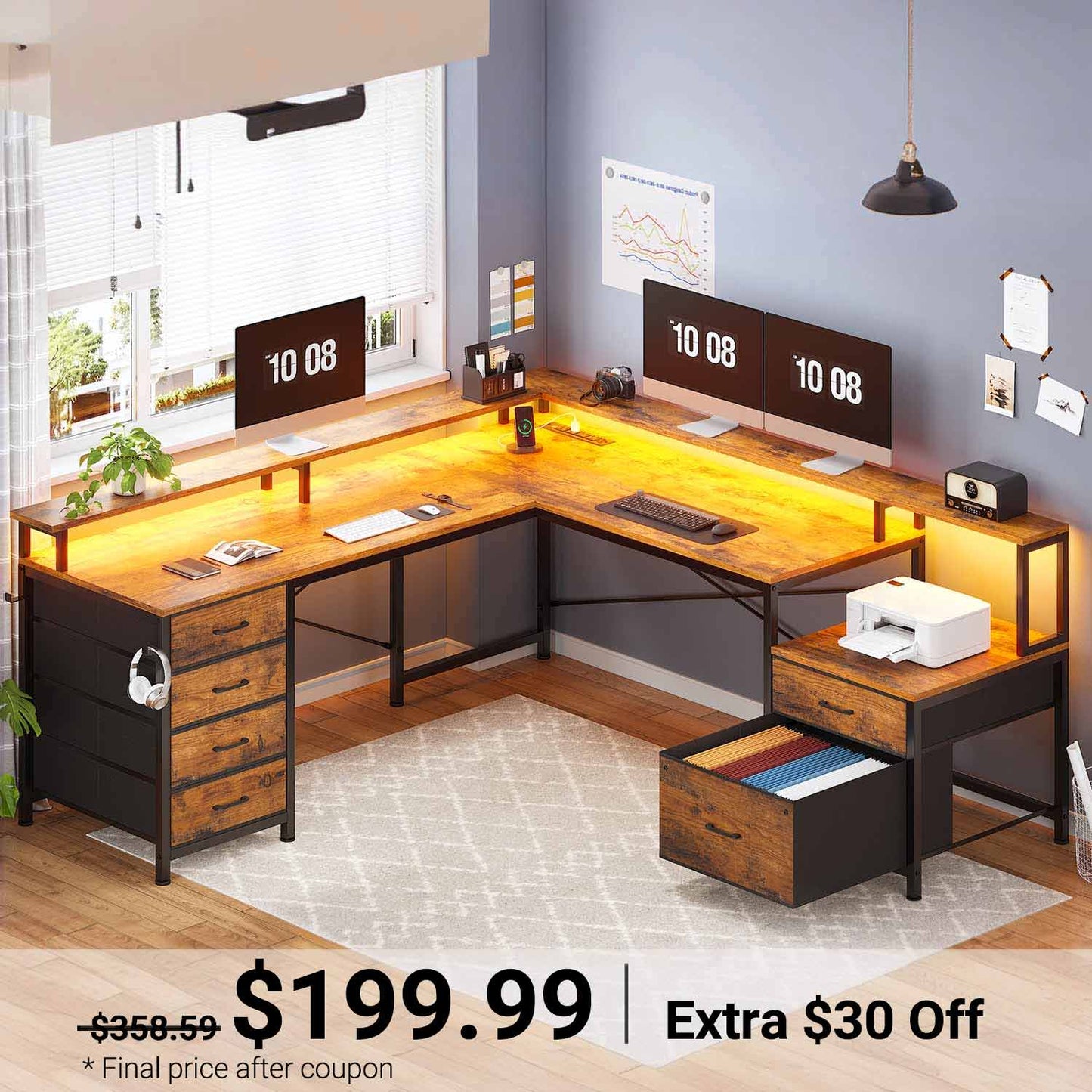 108 Inches  LED 2 Person Gaming Desk Brown