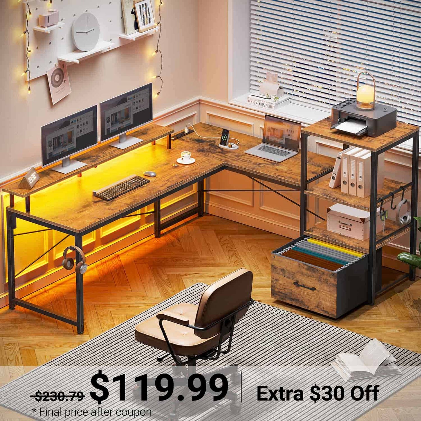 51 Inches Reversible LED Gaming Desk Brown