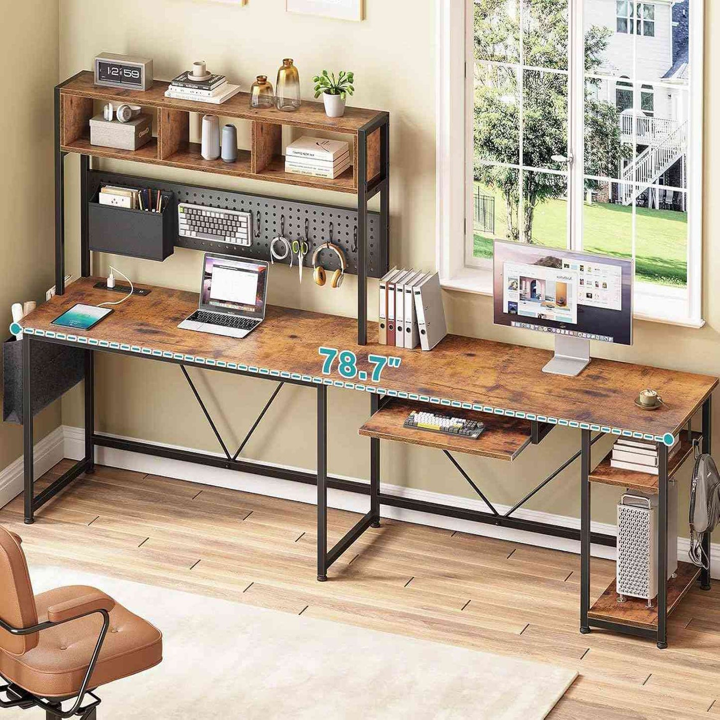 57.5 Inches Reversible L Shaped LED Gaming Desk with Power Outlet Rustic Brown