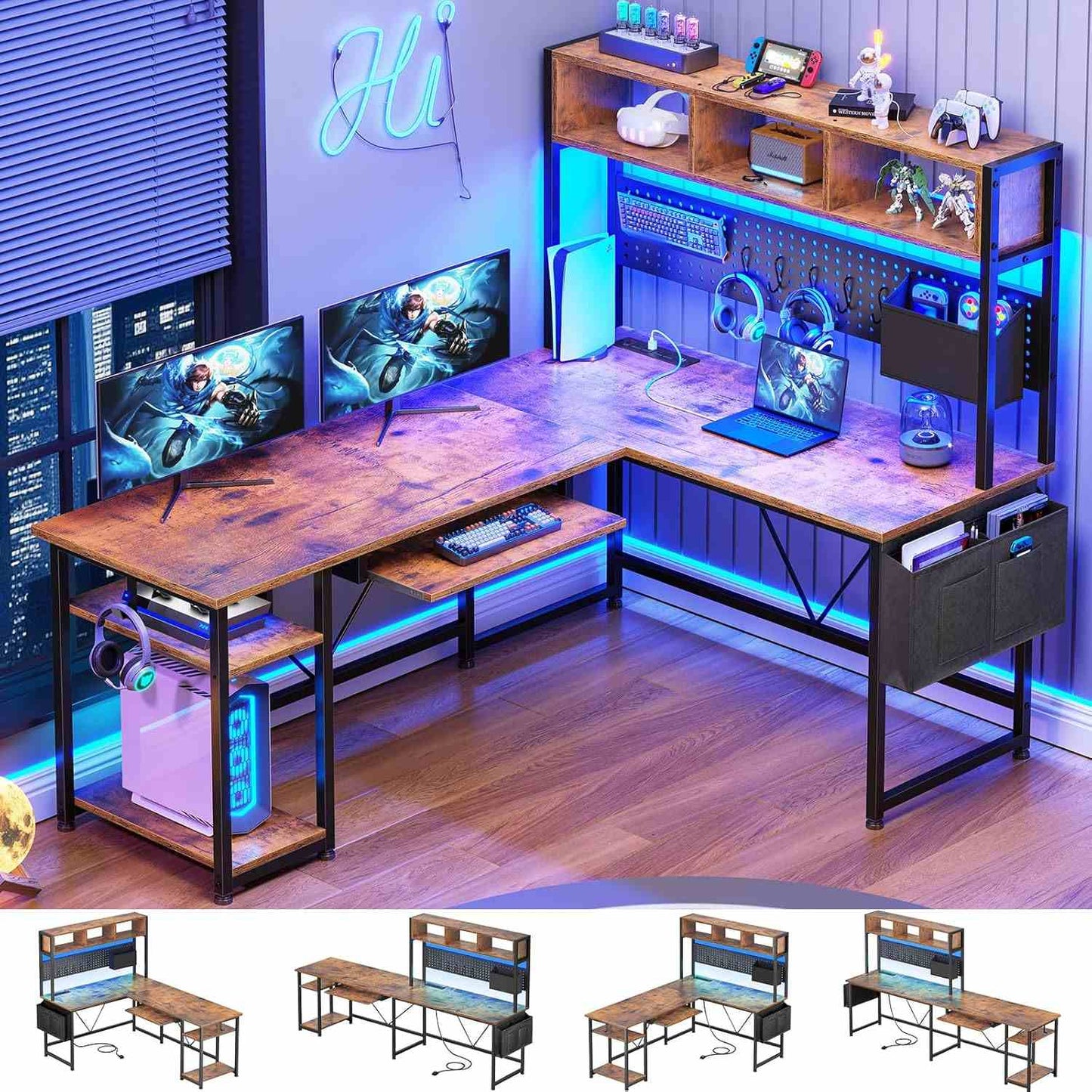 57.5 Inches Reversible L Shaped LED Gaming Desk with Power Outlet Rustic Brown