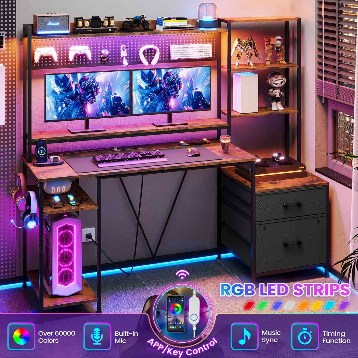 65 Inches Reversible LED Gaming Desk Brown