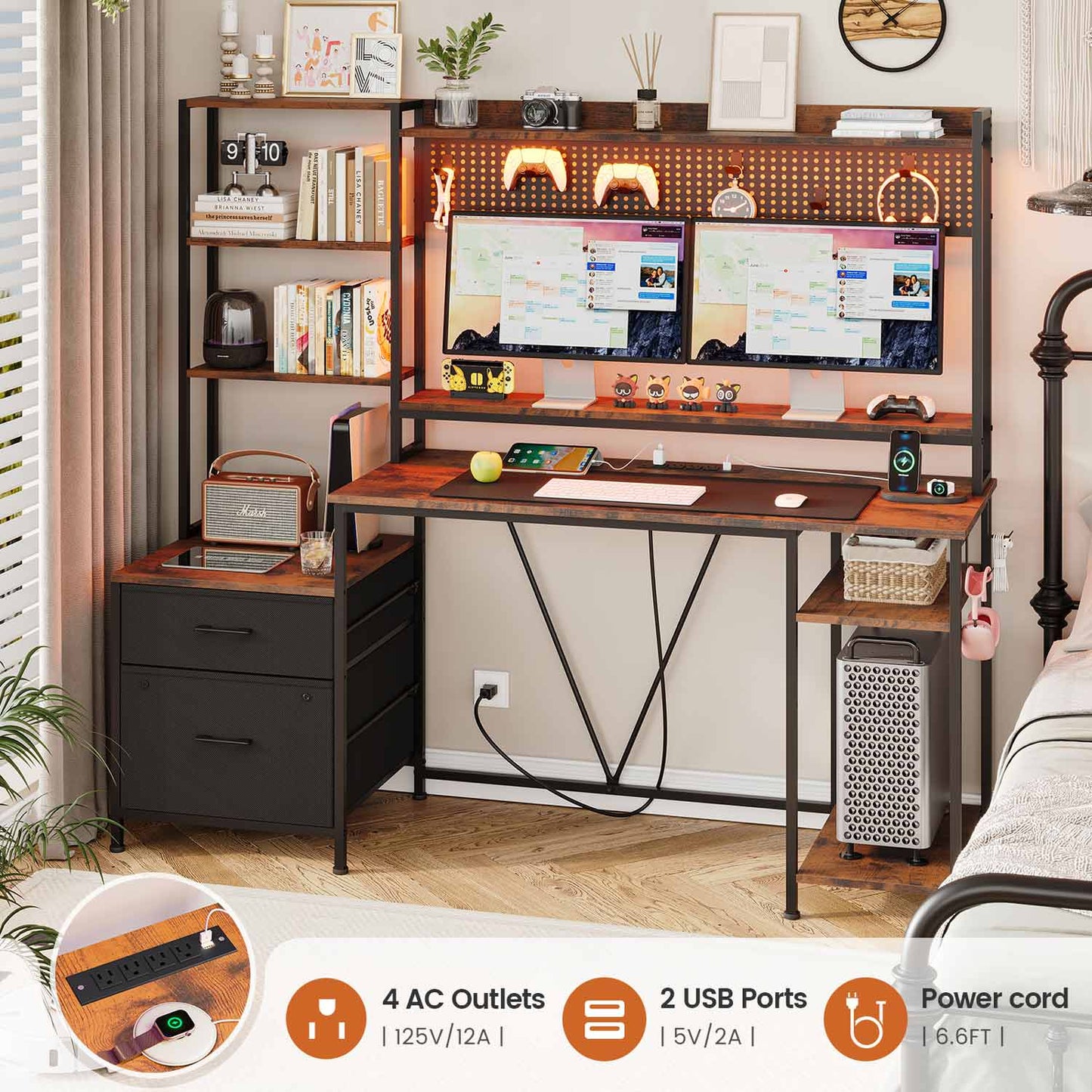 65 Inches Reversible LED Gaming Desk Brown