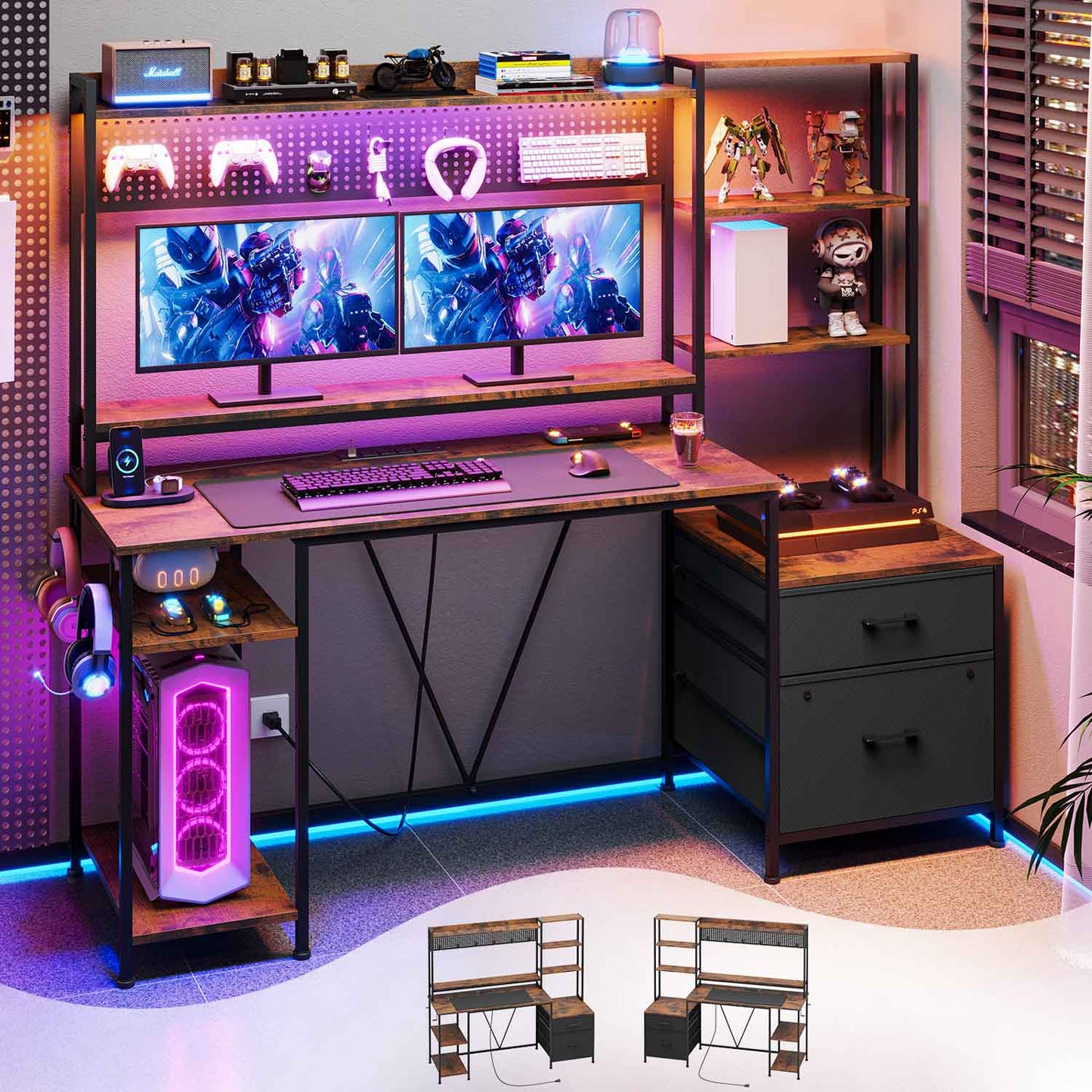 65 Inches Reversible LED Gaming Desk Brown