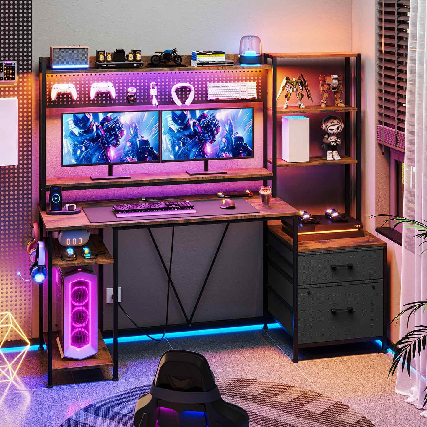 65 Inches Reversible LED Gaming Desk Brown