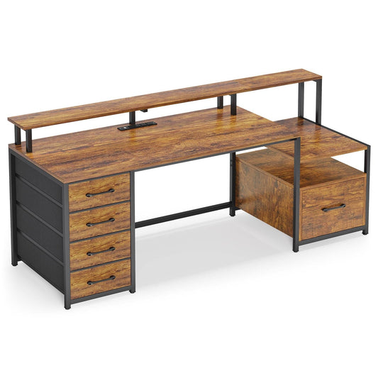 66 inches LED Gaming Desk with Monitor Shelf Brown