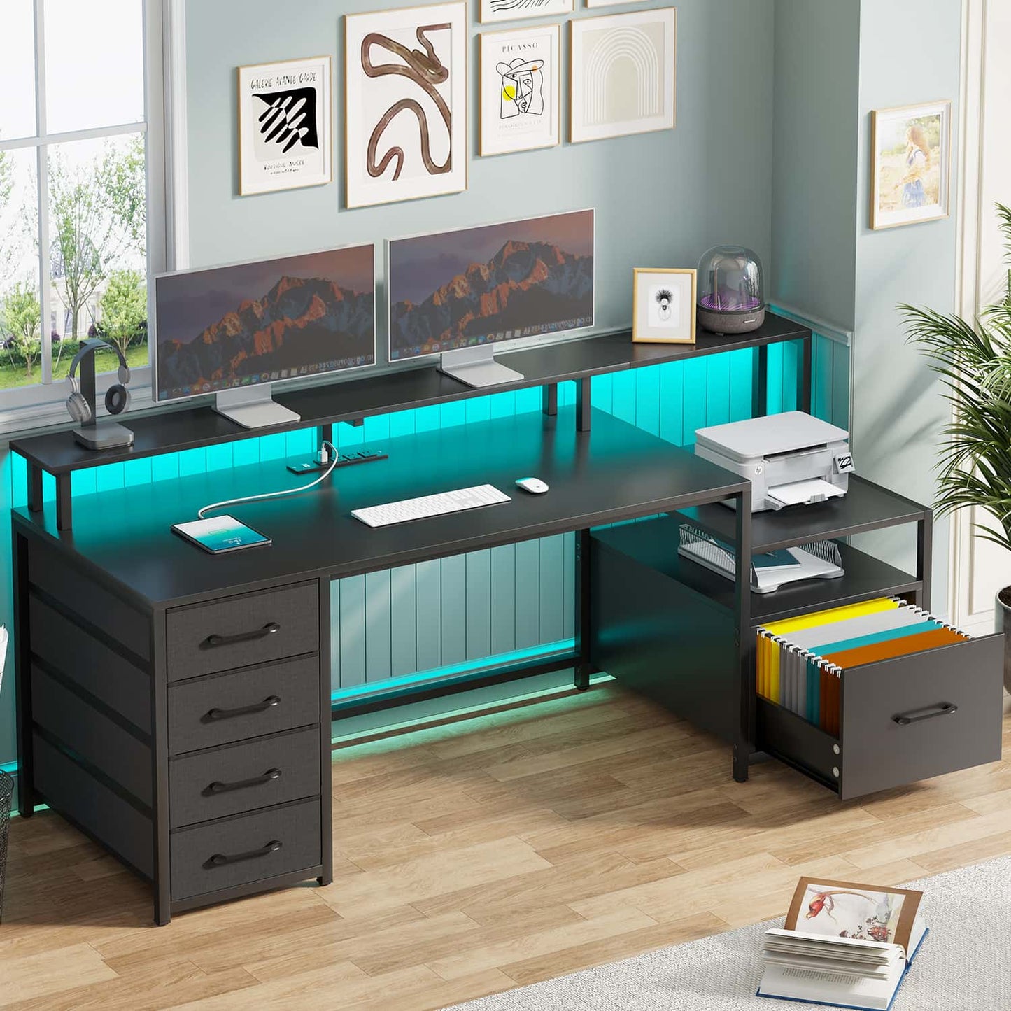 66 inches LED Gaming Desk with Monitor Shelf Black
